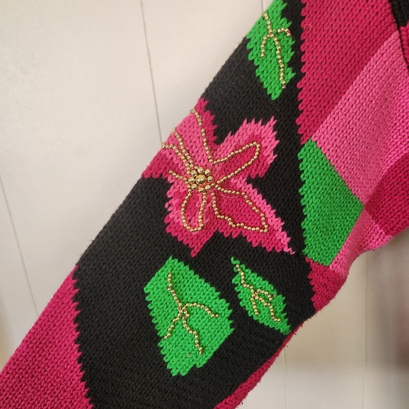 Vintage Oversized Pink Black Floral Knit Sweater High Neck Gold Beaded Size Med - Picture 4 of 10